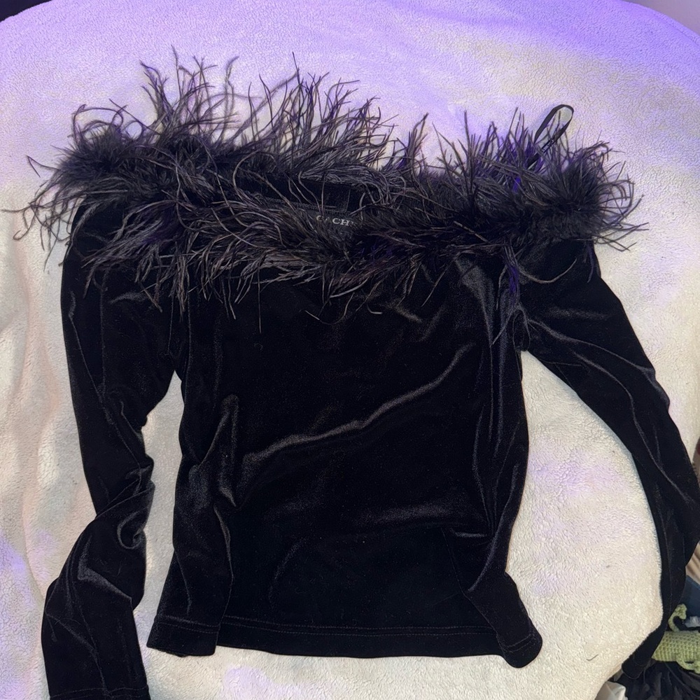 Cachet Black Long Sleeve Top with Feather Trim - Picture 2 of 7
